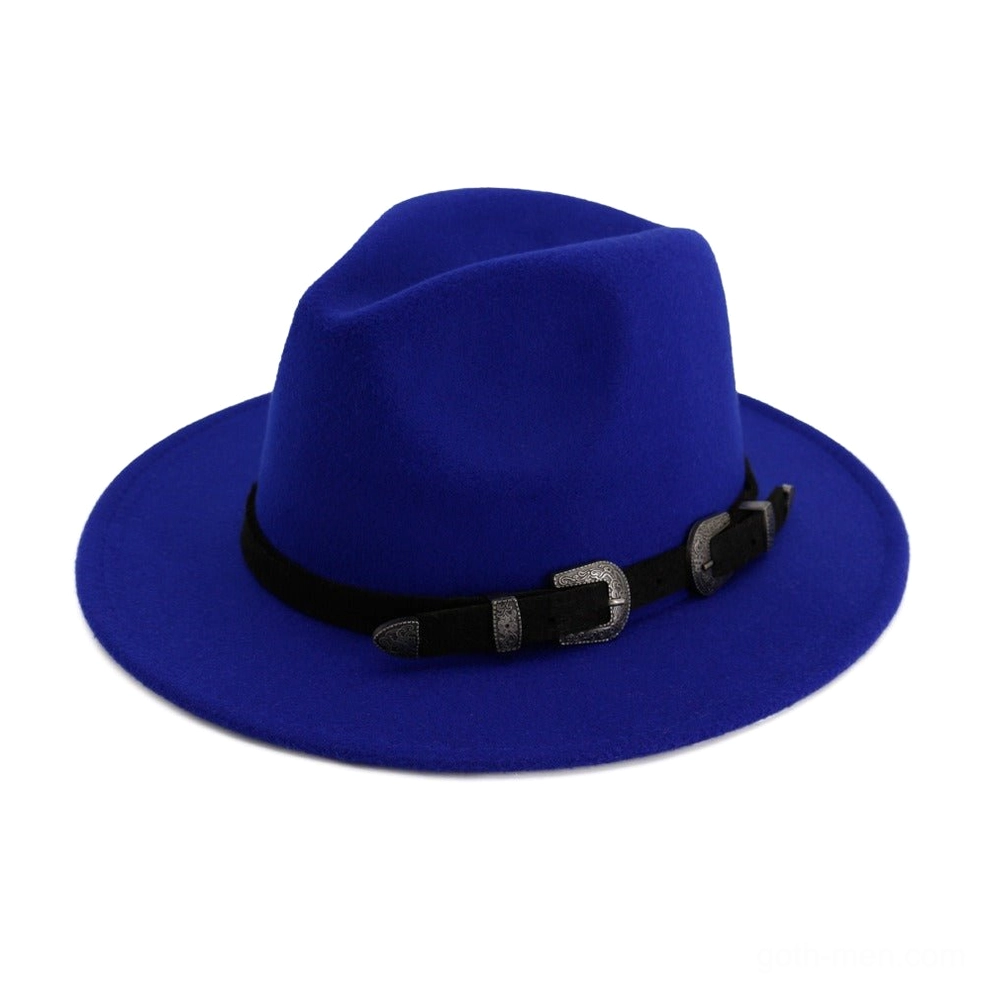 Royal blue vintage trilby hat with antique belt buckles on hat band, white studio background