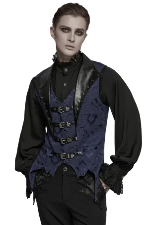 Blue jacquard gothic waistcoat with leather lapel buckles - front three-quarter view on male model