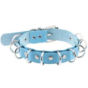Light blue faux leather punk choker with silver metal rings and buckle detail on white background