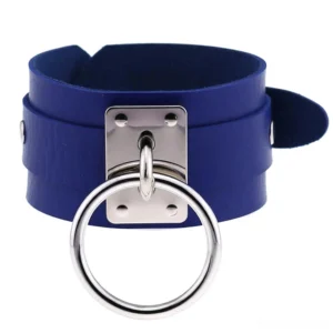 Blue leather gothic cuff bracelet with silver decorative rings, unisex alternative fashion jewelry
