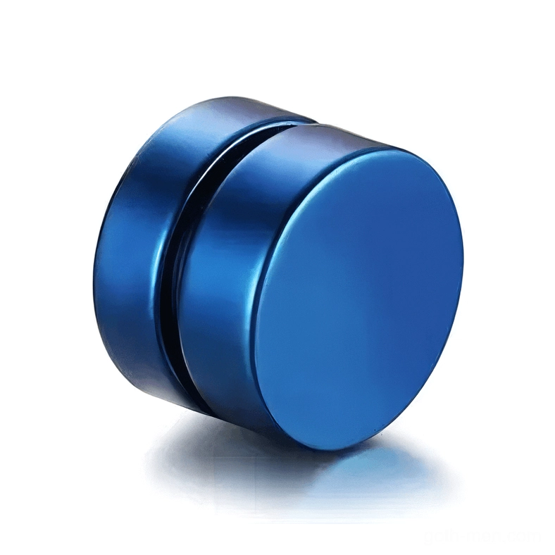 Blue polished magnetic stud earring three-quarter front view showing metallic finish