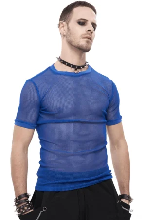 Male model wearing blue mesh gothic t-shirt with sheer texture, front view in studio setting