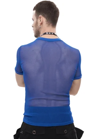 Rear view of blue mesh gothic t-shirt showcasing fitted back and ribbed hem detail on male model