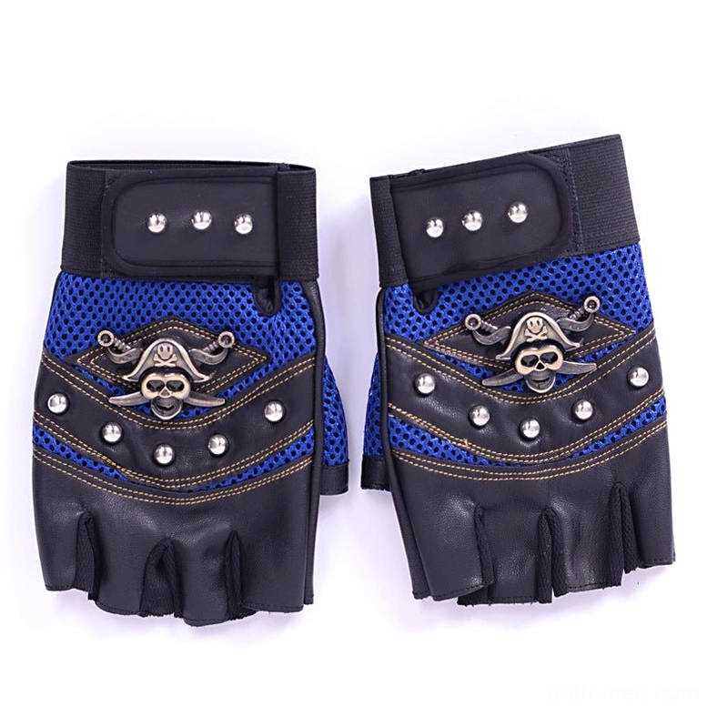 Blue mesh punk fingerless gloves with black leather palm, silver metal studs, and adjustable velcro wrist strap flat lay