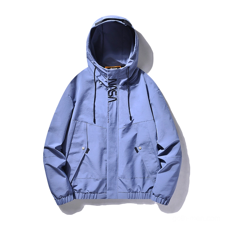 Blue NASA print gothic cargo hooded jacket with zipper pockets elastic hem drawstring hood flat display