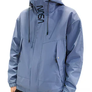 Blue NASA print gothic hooded cargo jacket flat lay display with side zipper pockets and elastic hem