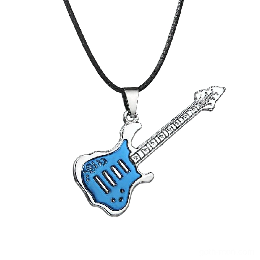 Blue and silver electric guitar pendant necklace flat lay with engraved fretboard details