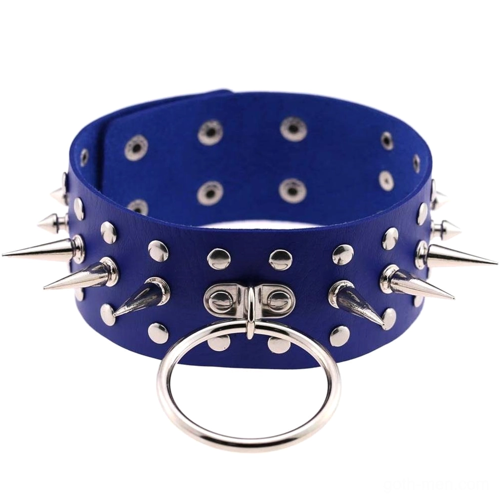 Blue PU leather spiked choker collar front flat lay showing rivet and spike hardware details