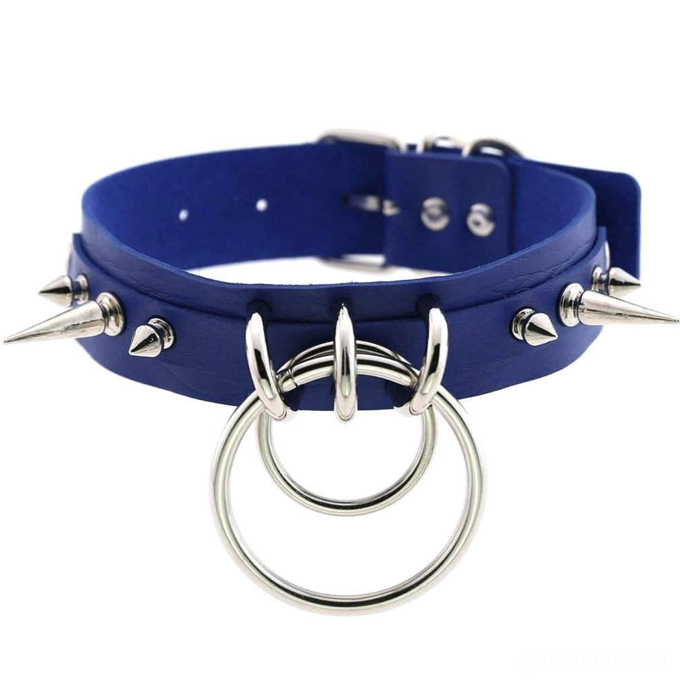Bright blue spiked leather gothic choker with silver metal hardware and spike studs