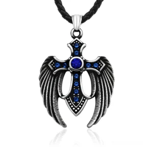 Blue gemstone winged cross pendant gothic necklace with black leather cord chain front view