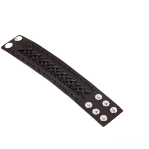 Unstructured leather cuff showing braided weave detail and adjustable snap fastener system for gothic punk alternative fashion