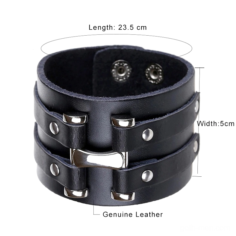 Close-up front view of genuine leather braided gothic cuff bracelet with size specifications