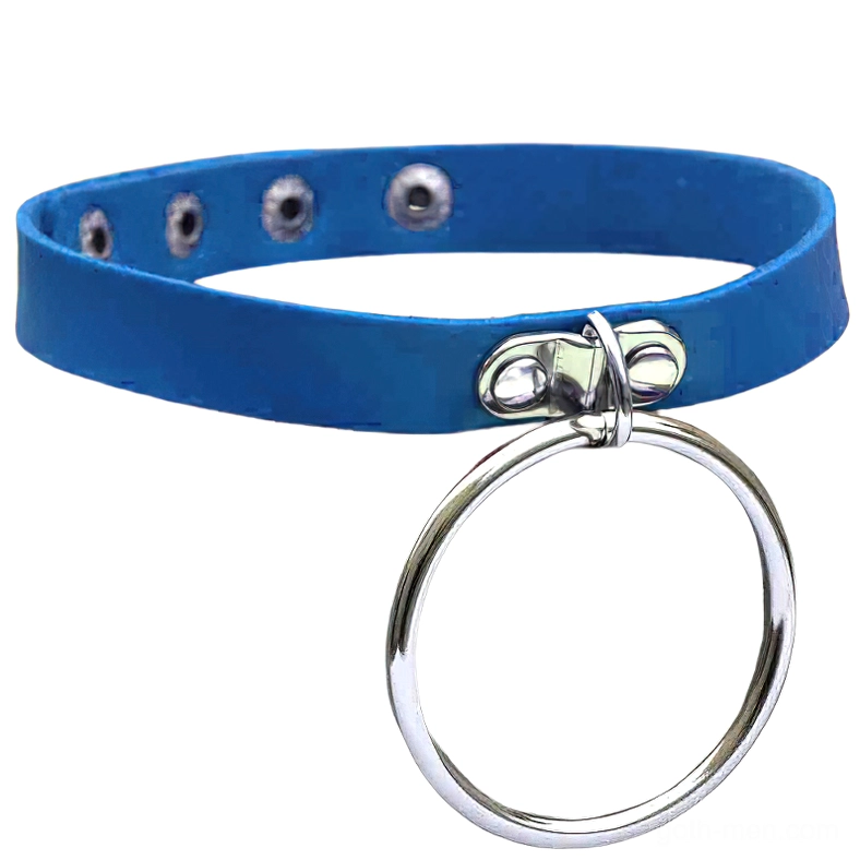 Bright blue punk leather choker with silver padlock pendant, adjustable snap closure gothic jewelry
