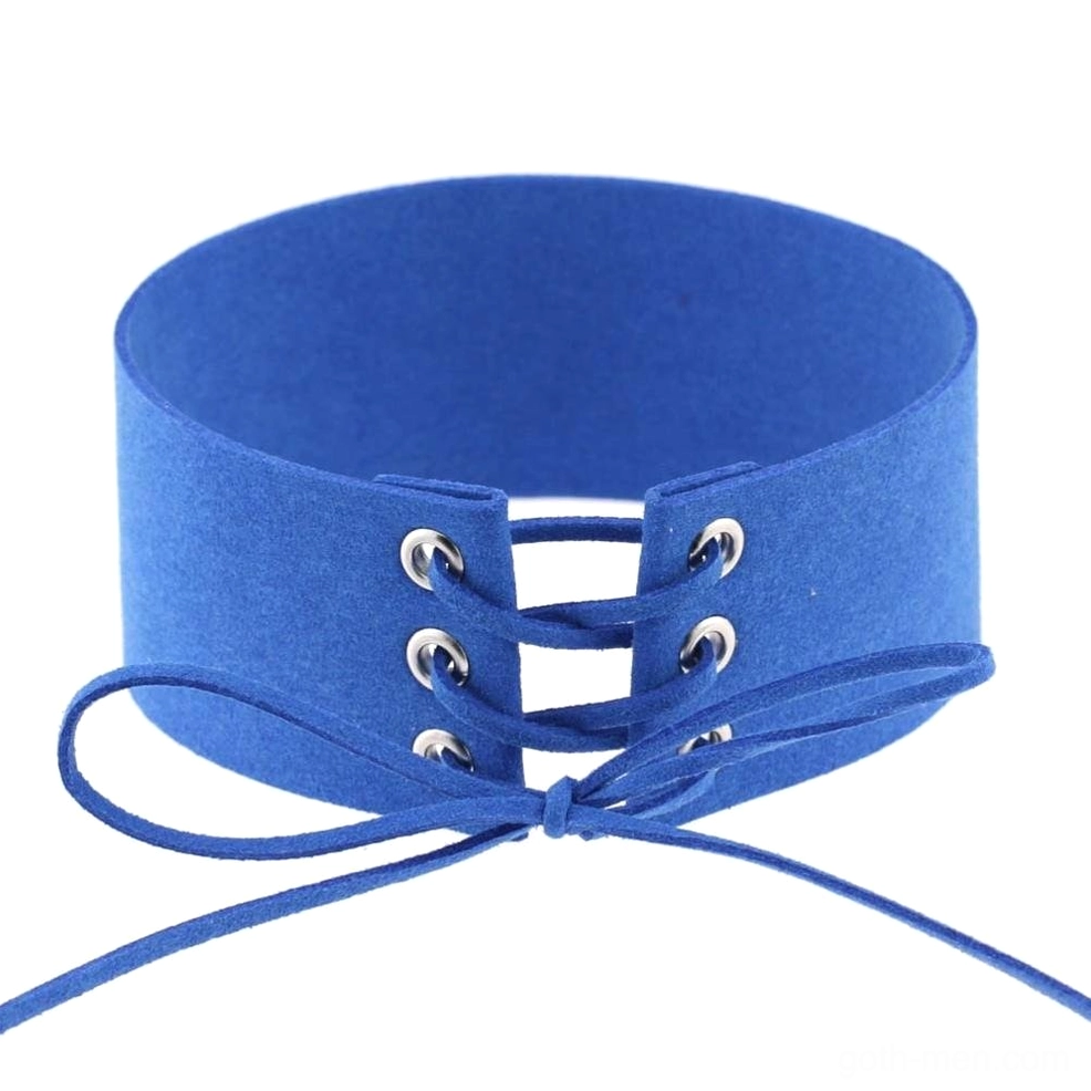 Bright blue suede velvet lace-up choker with metal grommet lace-up details and tied bow