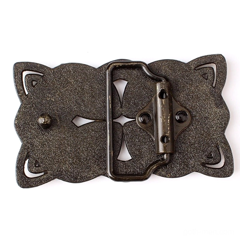 Bronze Celtic cross buckle back side with cross cutout detail and fastening system