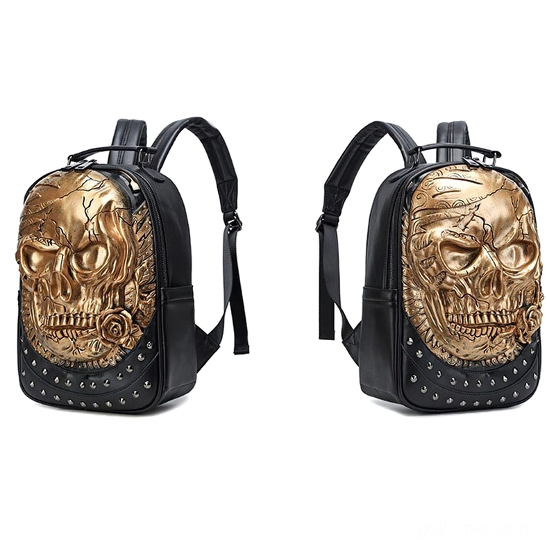 Bronze 3D skull backpack multiple angle front view - gothic dark fashion