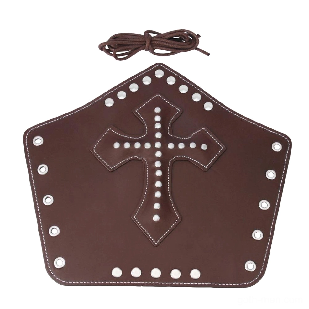 Brown leather arm guard with adjustable tie lace strap and riveted cross decoration