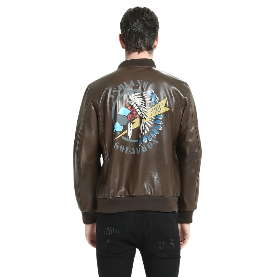 Brown leather biker jacket back view showing Indian head print and ribbed hem on model