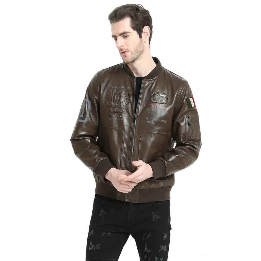 Brown leather biker jacket ribbed collar and neckline detail close-up