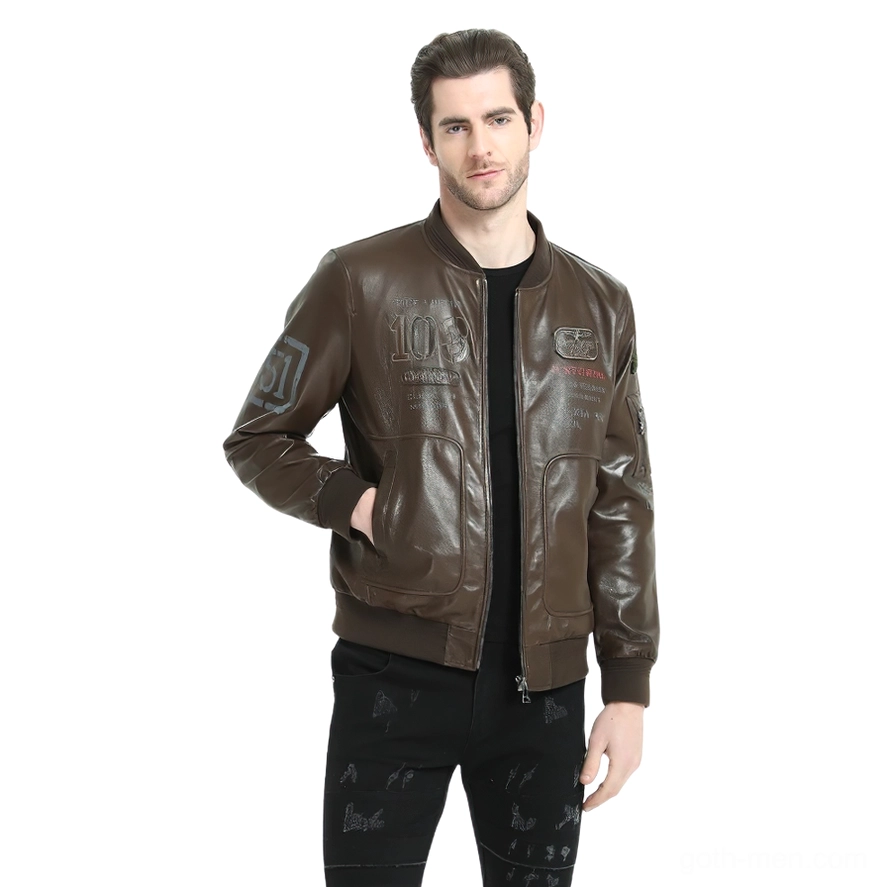 Brown leather biker jacket front zipper closure and pocket placement detail