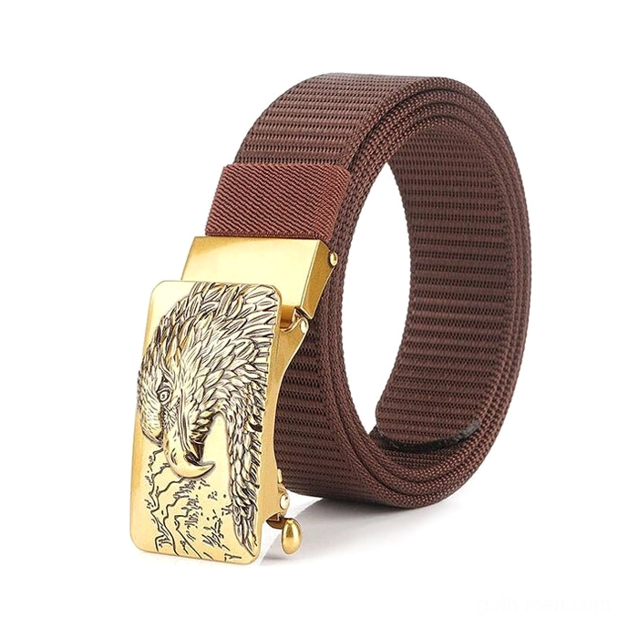 Dark brown tactical canvas belt with gold-toned eagle buckle showing earthy color palette and premium construction details