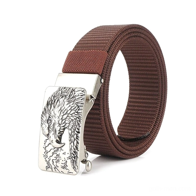 Brown gothic canvas military belt with silver-toned eagle buckle demonstrating weathered aesthetic and buckle craftsmanship