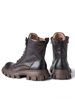 Brown leather combat boots front and rear view - heavy-duty rubber outsole and classic silhouette