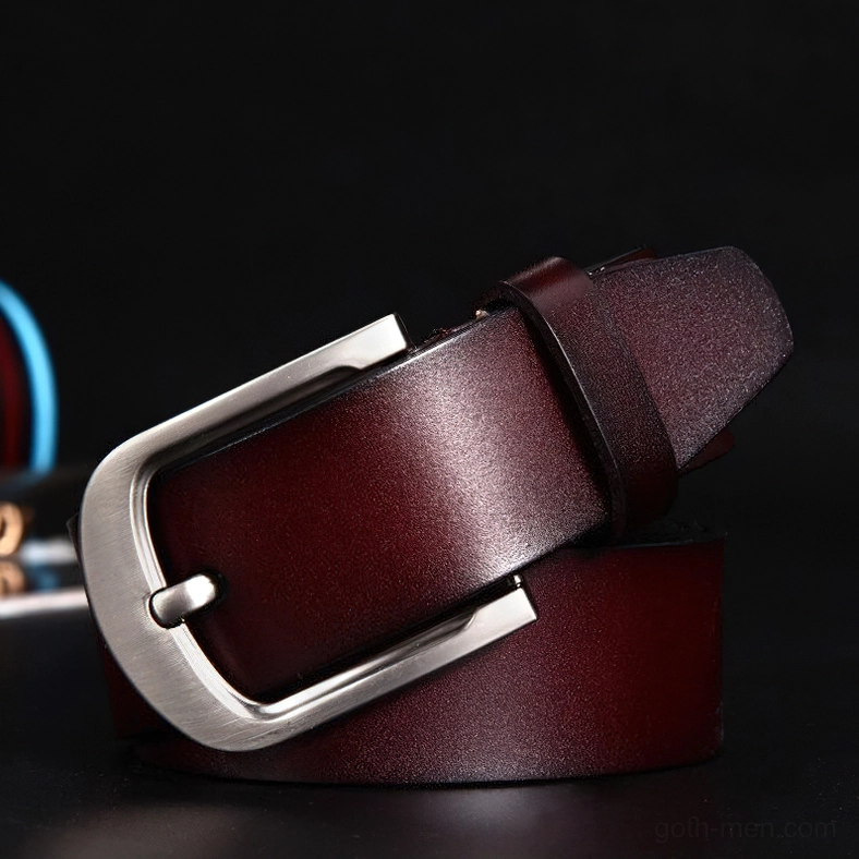 Deep brown leather belt with polished cowhide and matte silver buckle, 3/4 side view on black background
