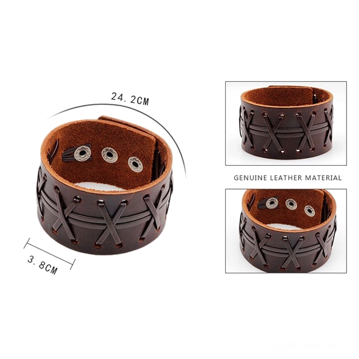 Brown leather gothic cuff bracelet front view with marked dimensions, demonstrating width and cross-stitch pattern details