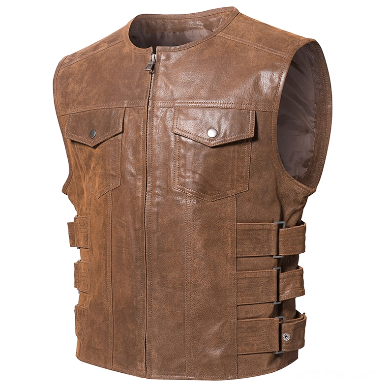 Brown distressed pigskin leather men's vest front flat lay with front zipper and flap chest pockets gothic style
