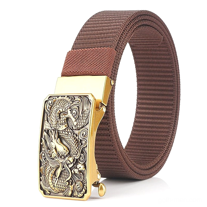 Brown nylon tactical belt with gold embossed dragon buckle durable webbing construction gothic aesthetic