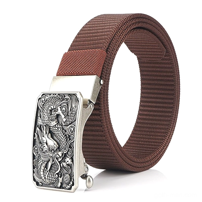 Brown gothic military nylon belt with silver dragon embossed buckle durable tactical webbing
