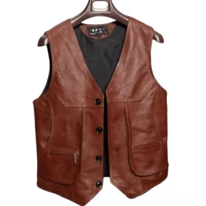 Vintage brown cowhide leather biker vest displayed on hanger, front view showing button placket and black lining
