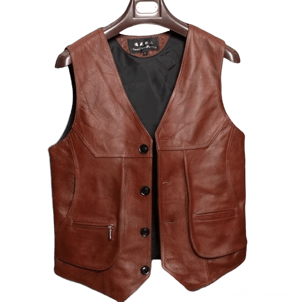 Vintage brown cowhide leather biker vest displayed on hanger, front view showing button placket and black lining