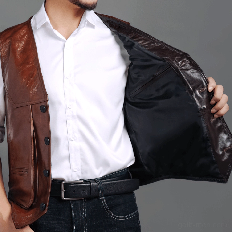 Brown genuine leather gothic biker vest primary product image, front view detail of authentic cowhide and design elements