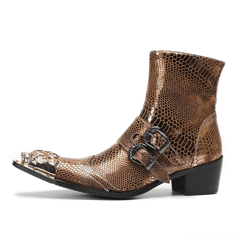 Brown snakeskin patent leather gothic ankle boot with buckle hardware and gold metal toe cap profile
