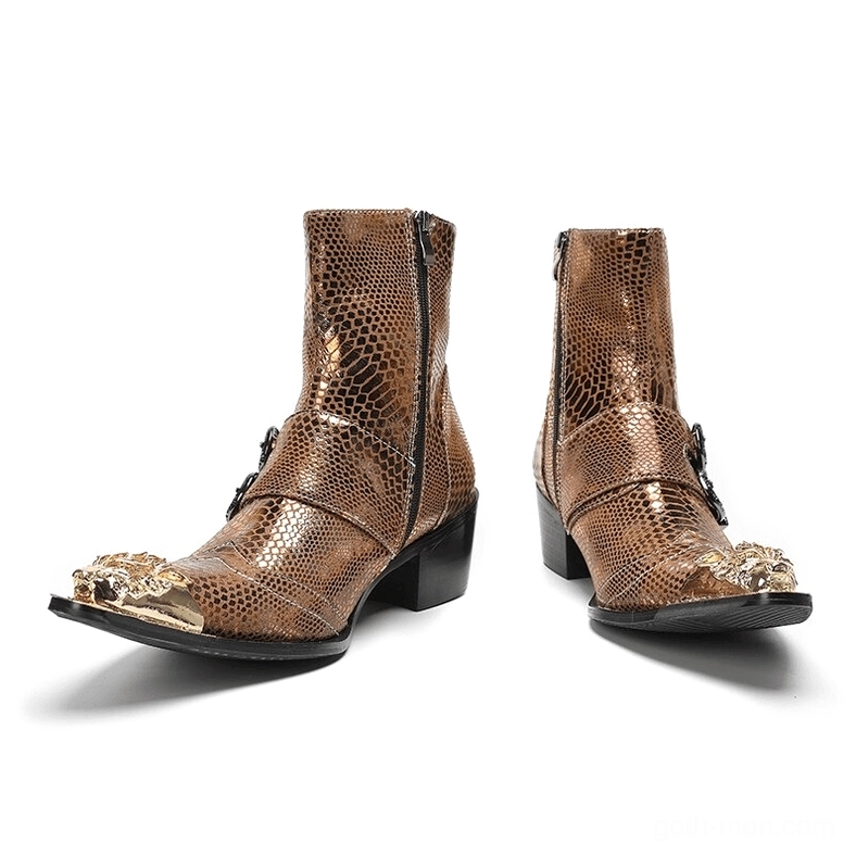 Pair of brown snakeskin leather gothic ankle boots with dual buckle straps and gold metal toe caps front view