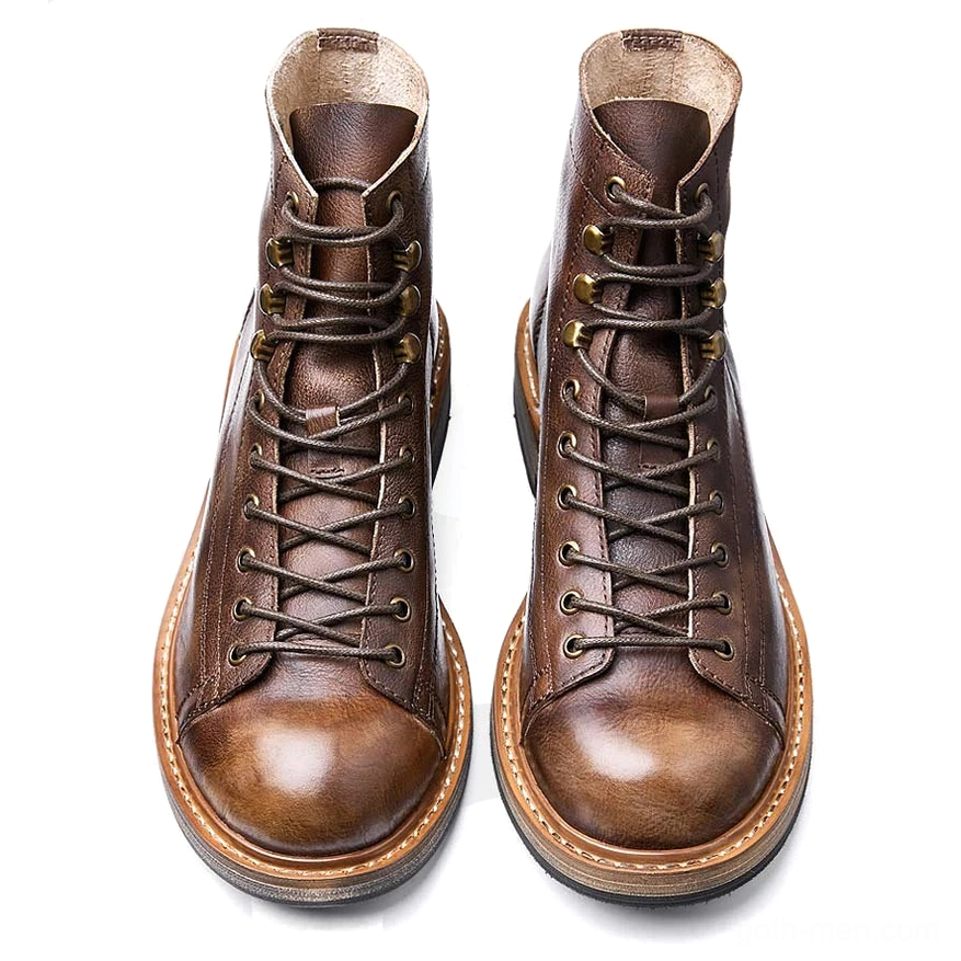 Vintage brown men's gothic lace-up ankle boots with polished leather toe cap and neat lace design, top-down front view
