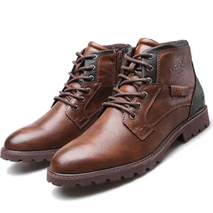 Brown split leather pointed-toe ankle boots with side detail and contrast panels, three-quarter view
