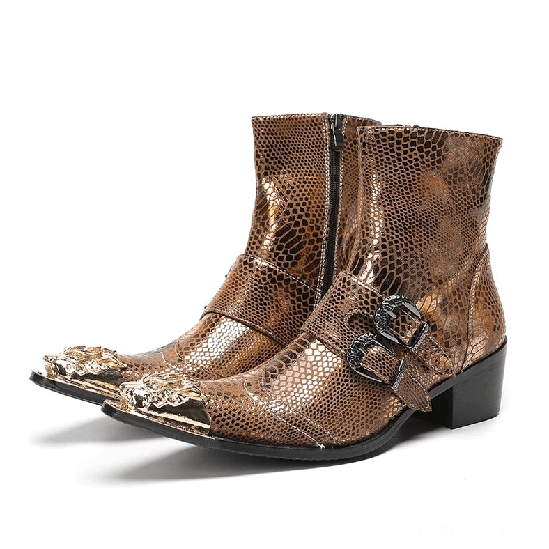 Brown snakeskin patent leather gothic ankle boots with double buckle straps and gold metal toe cap side angle