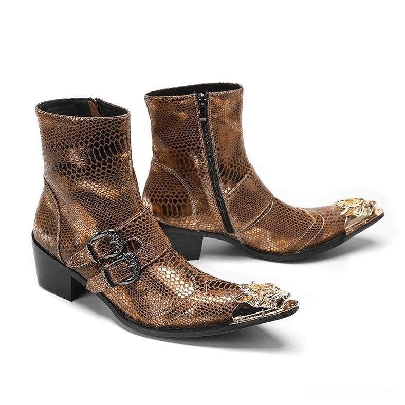 Pair of brown snakeskin gothic ankle boots with buckle straps and side zipper closure front static