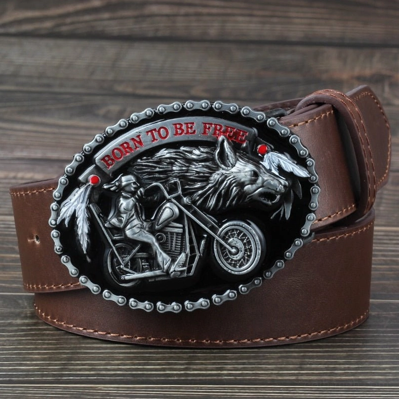 Brown leather gothic biker belt with embossed motorcycle wolf buckle styling