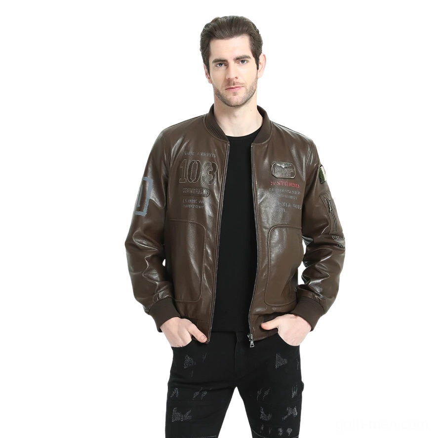 Brown leather biker jacket front view with chest details and zipper closure on male model