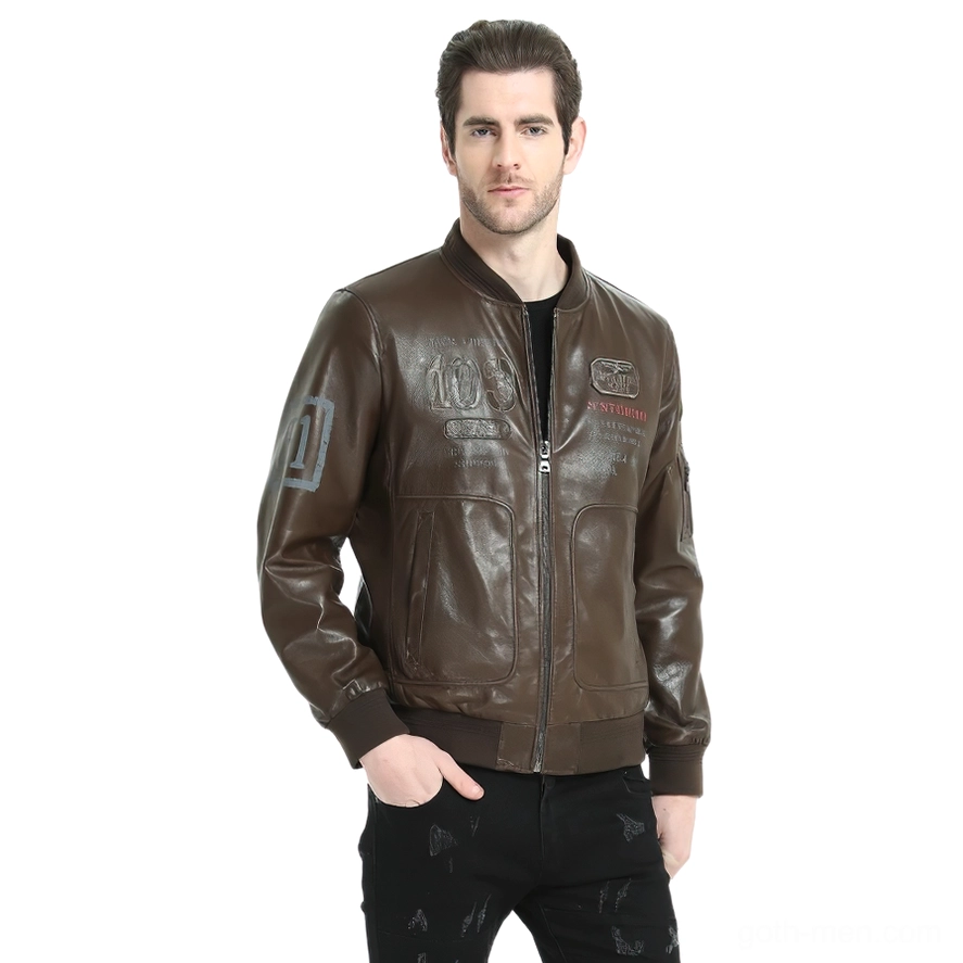 Brown leather biker jacket full body back view showing Indian head print and silhouette