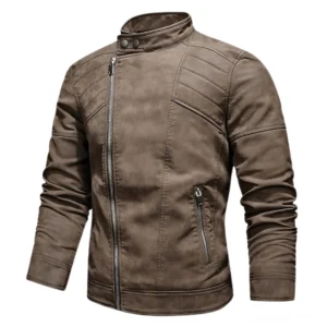 Brown faux leather biker jacket with textured finish and stand collar gothic style