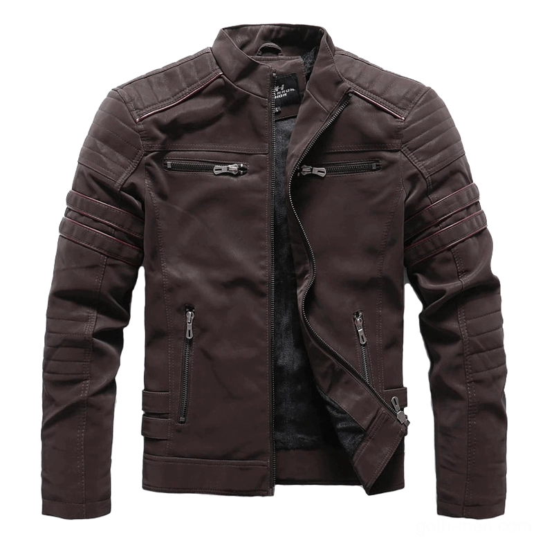 Dark brown PU leather gothic motorcycle jacket with multi-zipper pockets and quilted shoulder panels, front flat view