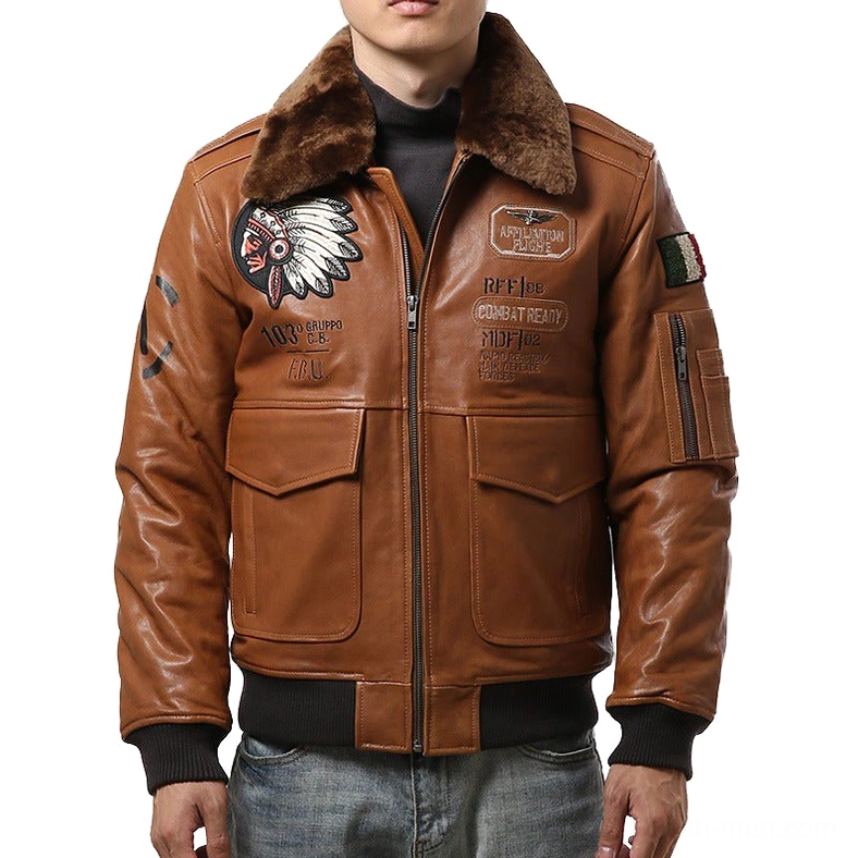 Brown cognac gothic bomber jacket front view with fur collar and embroidered military badges detailing