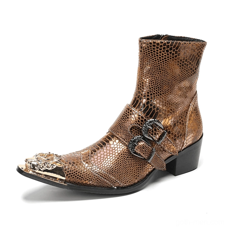 Single brown snakeskin leather gothic ankle boot with buckle strap and block heel front three-quarter view