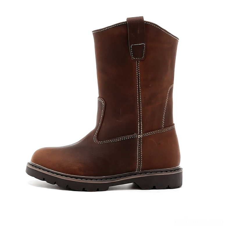 Brown genuine leather gothic buckle boot side profile showing lug sole detail