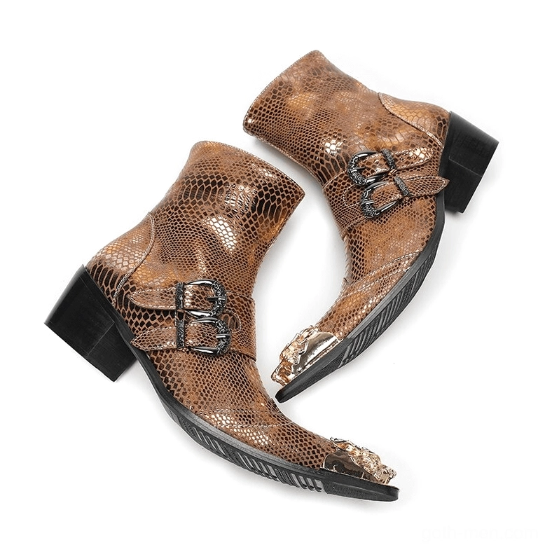 Brown snakeskin patent leather gothic ankle boots with buckles and visible sole bottom oblique view